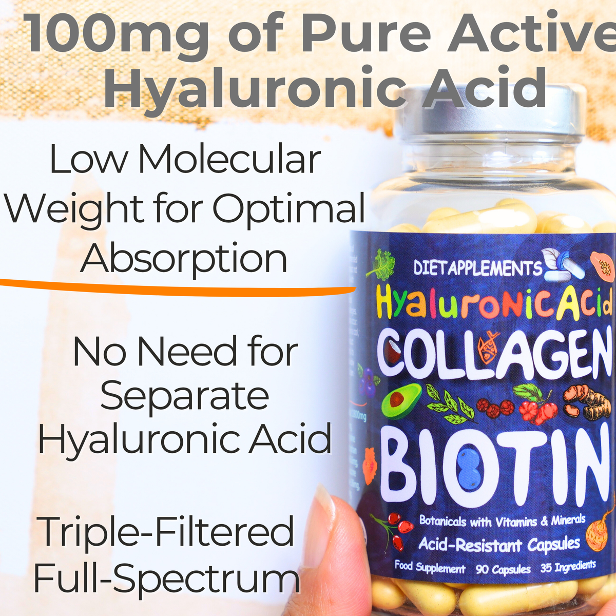 Complete Hair, Skin, Nails Supplement! Marine Collagen, Hyaluronic Acid, Biotin, Vitamins, Minerals, Superfood - 35 Ingredients