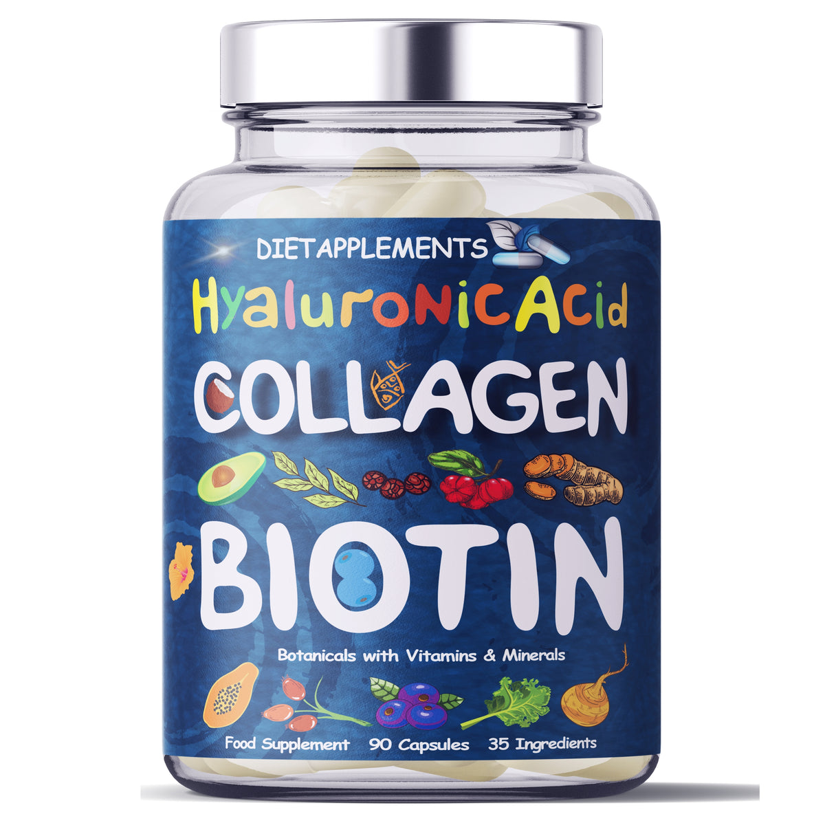 Supplement bottle labeled with Hyaluronic Acid, Collagen, and Biotin on a white background