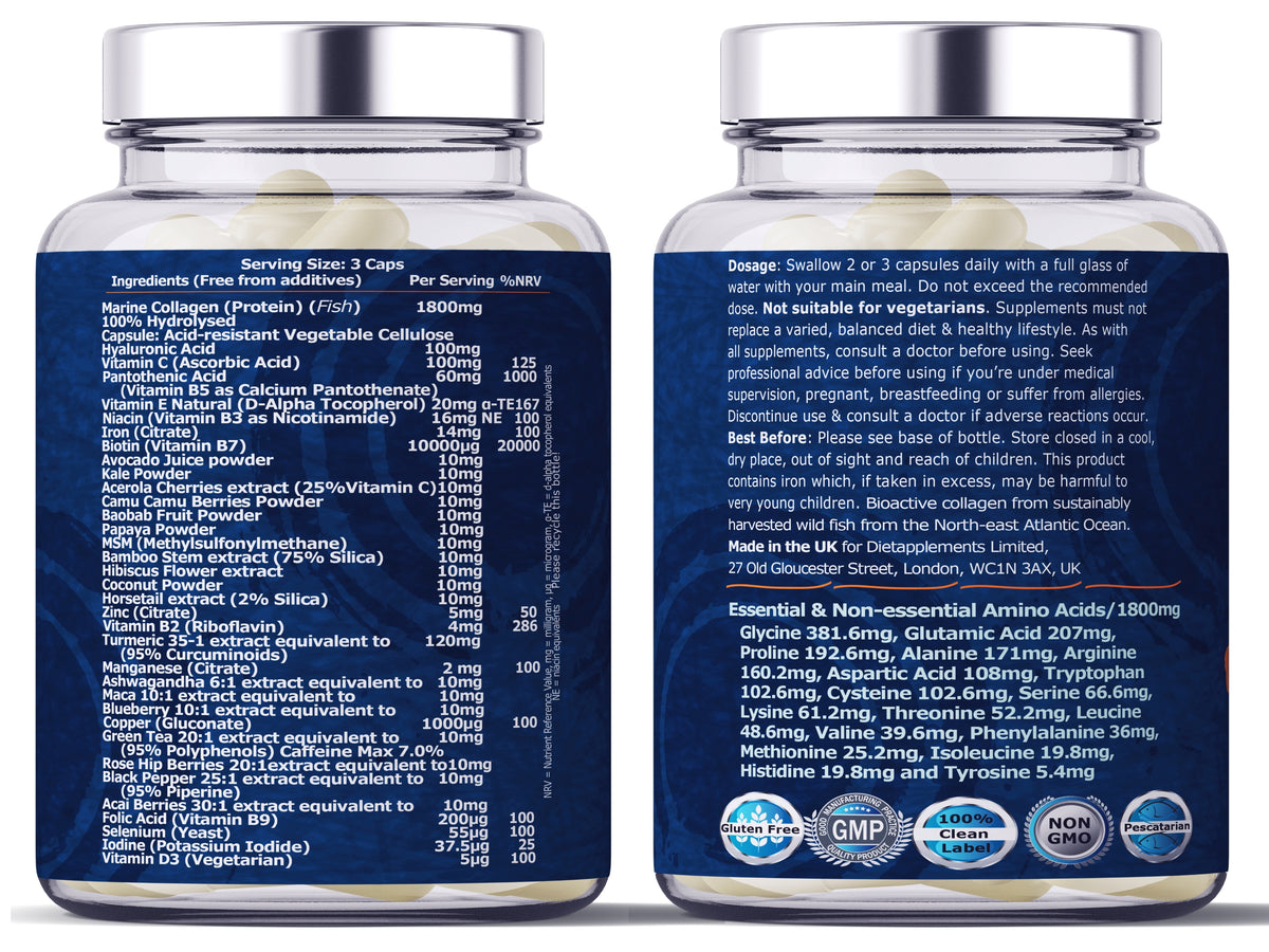 Complete Hair, Skin, Nails Supplement! Marine Collagen, Hyaluronic Acid, Biotin, Vitamins, Minerals, Superfood - 35 Ingredients