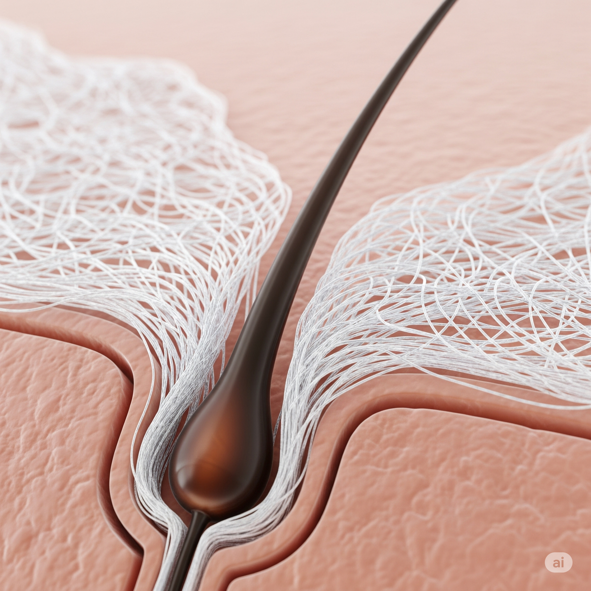 Microscopic view of a healthy hair follicle supported by collagen strands, illustrating collagen's role in hair structure