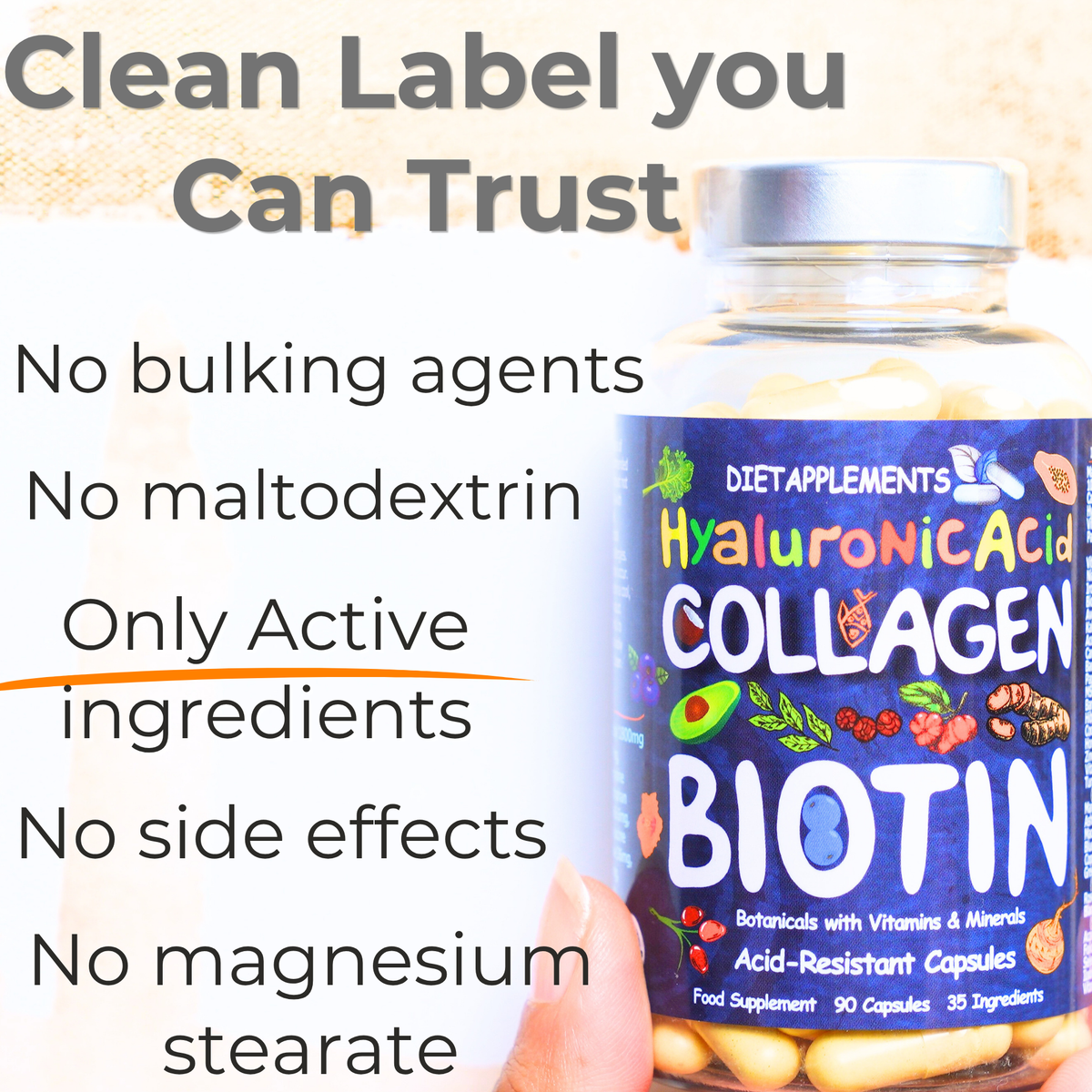 Complete Hair, Skin, Nails Supplement! Marine Collagen, Hyaluronic Acid, Biotin, Vitamins, Minerals, Superfood - 35 Ingredients