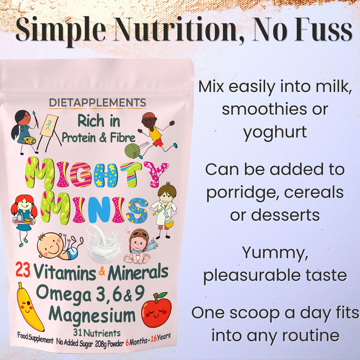 Mighty Minis Children Supplement - Complete Nutritional Complex - Vitamins, Minerals, Protein, Fibre, Omega 3, 6 & 9